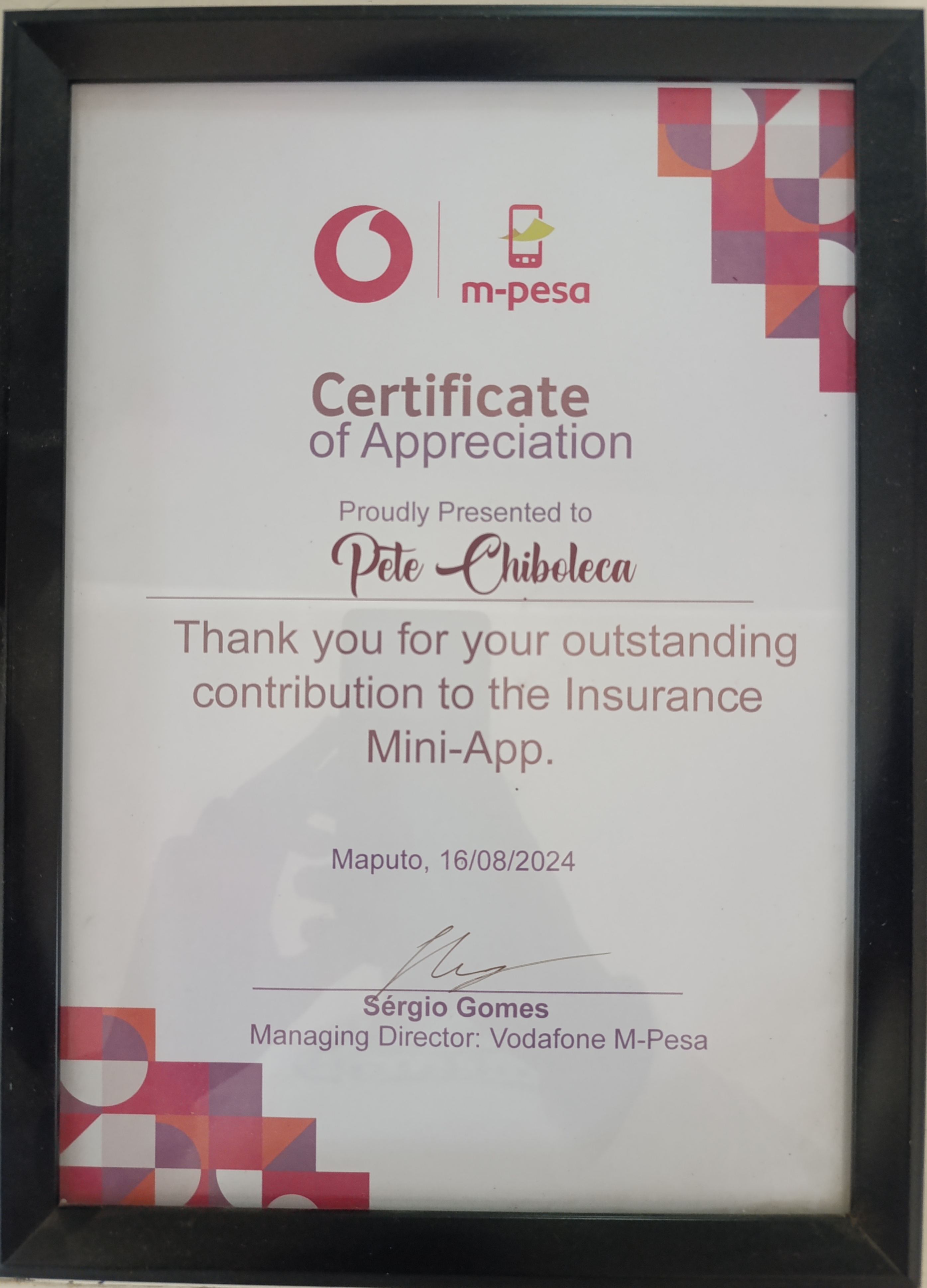Certificado de Reconhecimento Vodafone M-Pesa